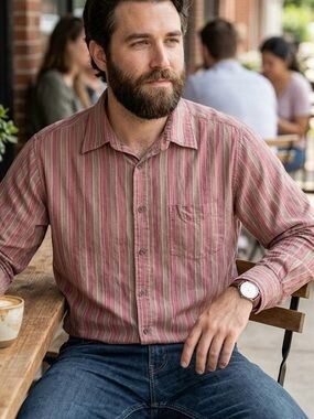 Solitude Men’s 100% Cotton Vertical Stripe Button Down Shirt Dusty Rose Retro